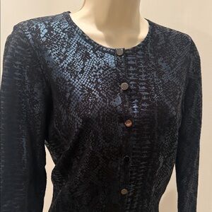 NWOT Sexy Cache Black Snakeskin Patterned Cardigan. Metallic dark blue & black.